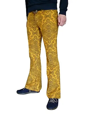 FLARES Yellow Paisley Mens Bell Bottoms Corduroy Pants Vtg Hippie Trousers 60s • £36.99