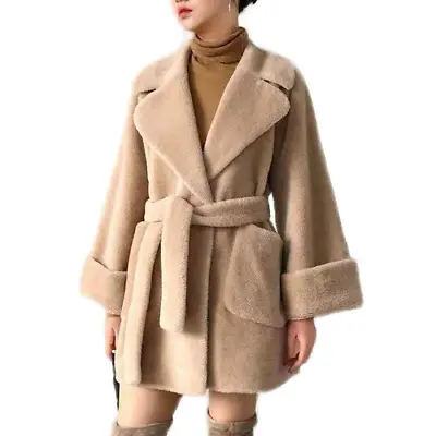 Real Fur Coat Women Korean Jacket Belt Sheep Wool Fur Coats Sheep Shearing Coat • $359.41