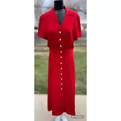 VTG J. Peterman Company 100% Silk 40’s Day Dress Red Midi Button Front 6/8 • £72.33