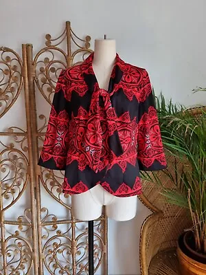Vintage Red Black 70s Psychedelic  Bow Blouse  M • £9.99