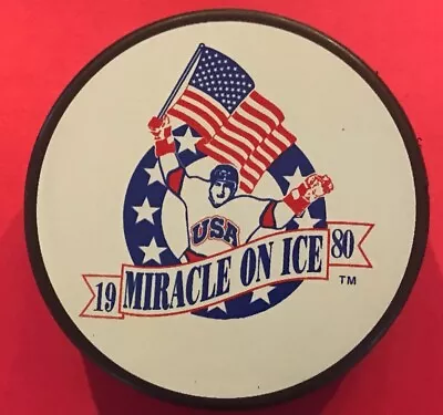 1980 Miracle On Ice USA Hockey Puck W Holder Celebrating Team USA Victory Glas • $17.95