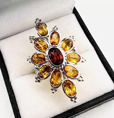 $134.50 • Buy Sterling Silver 2.45ct Citrine & Garnet Ring 6.2gm Size 7.5 Vintage Jewelry