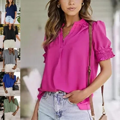 $25.69 • Buy Women Shirt V Neck Chiffon Tops Ladies Elegant Solid Color Formal T-shirt Loose