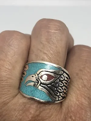 Vintage Silver White Bronze Mens Southwest Hawk Turquoise Inlay Ring Size 11 • $36