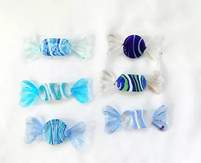 6 Blown Glass Murano Style Wrapped Art Glass Candy Pieces Shades Of Blue • $18.99