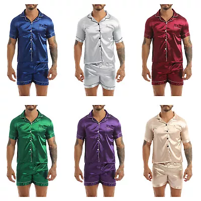 Men's Silk Satin Pajamas Set Short Sleeve Top Shirt With Casual Shorts Nightwear • $18.11