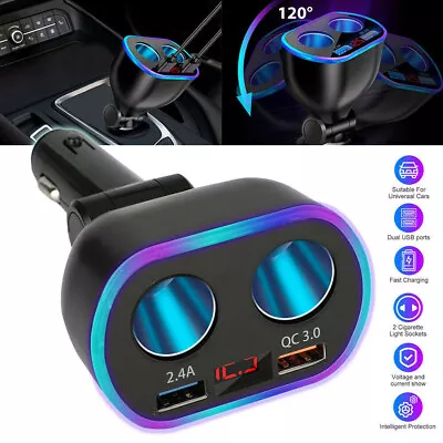 DC 12V LED 2 Way Car Cigarette Lighter Socket Splitter Dual USB Charger Adapter • £6.89