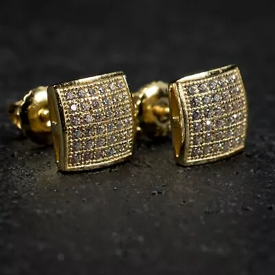 Mens 14k Gold Plated Small Sterling Silver Iced Micro Pave Cz Stud Earrings • $17.99