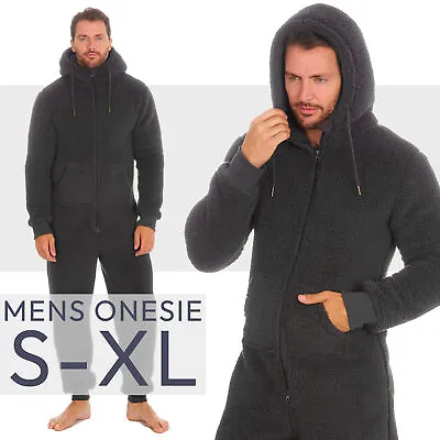 Men Borg Fleece Hooded 1Onesie All In One Jumpsuit Thick Charcoal One Piece S-XL • £24.29