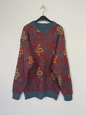 Vintage 90s Knit USA Colourful Abstract Pattern Jumper Winter Warm Cosby • £18.99
