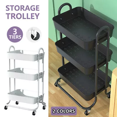 3 Tiers Kitchen Storage Trolley Cart Steel Rack Shelf Organiser Wheels • $33.89