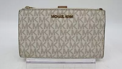 Michael Kors Jet Set Signature Vanilla PVC Lg. Double Zip Wristlet Handbag Purse • $14.99