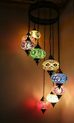 £241.99 • Buy Turkish Moroccan Mosaic Hanging Ceiling Chandelier Lamp Light 9 Large Globe