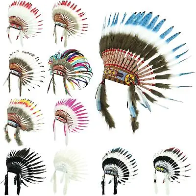Indian Headdress Chief Feathers Bonnet Native American Gringo Fancy Dress Party • £29.90