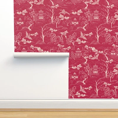 £9.68 • Buy Traditional Wallpaper Magenta Chinoiserie Maximalist Japanese Cranes Magenta