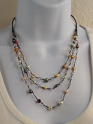 Braided String Necklace W/ Multicolor Triple Strand Of Beads & Loop Close - 16  • $9.80