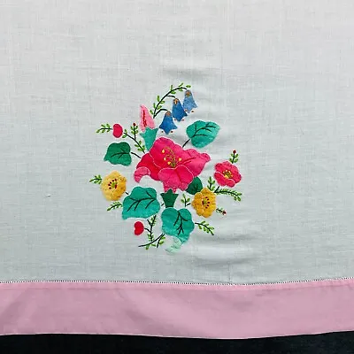 Vintage Café Curtain Hand Embroidered Valance Applique Floral Cotton Fabric • $25