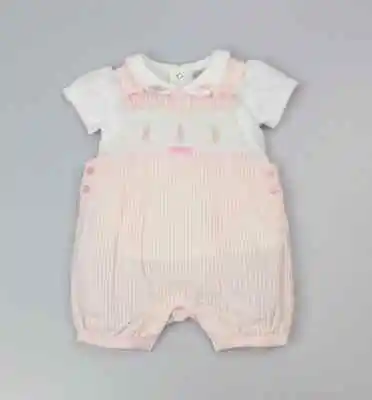 £11.99 • Buy Baby Girls Dungaree Romper Set ~ Frilly Smocked Flowers Bow Pink Stripes Cotton
