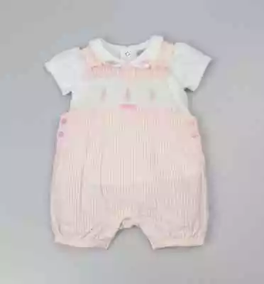 £11.99 • Buy Baby Girls Dungaree Romper Set ~ Frilly Smocked Flowers Bow Pink Stripes Cotton