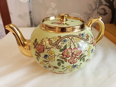 Vintage Gibson Staffordshire Teapot Gold Green Floral Made In England • $34.99