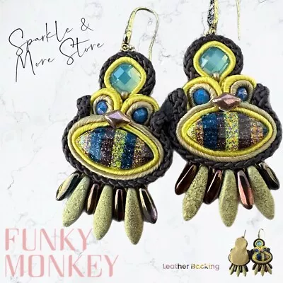 Funky Monkey Artisan Made Dangle Earrings Hand Made Leather Back One Of A Kind • $45