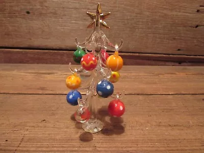 Vintage 6  Small Clear Crystal Glass Christmas Tree - With 12 Ball Ornaments! • $29.99