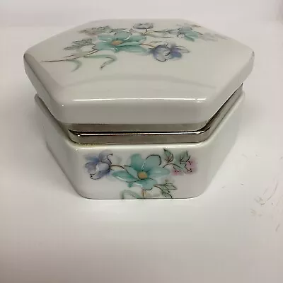 £19.34 • Buy Vintage Japanese Porcelain Trinket Dish Hinged Lid. Teal Blue & Purple Flowers