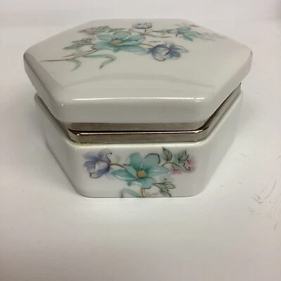 £19.34 • Buy Vintage Japanese Porcelain Trinket Dish Hinged Lid. Teal Blue & Purple Flowers