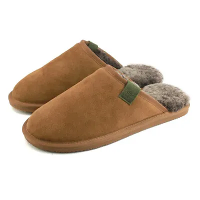 Men's Luxury Sheepskin Slip On Mule Slippers Rubber Sole Chestnut Brown Soft • £49.99