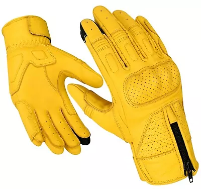 Leather Motorcycle Gloves Motorbike Short Biker Yellow Black  • £16.99