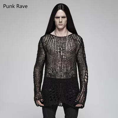 PUNK RAVE Gothic  Loose Cosplay Sweater Broken Hole Men Pullovers Black Sweater • $35.99