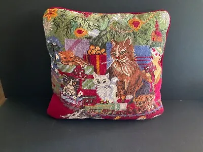 $28 • Buy Vintage Wool Needlepoint Christmas Decor Pillow Cats Christmas Tree Presents