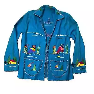 Lopez Turquoise Wool Embroidered Mexican Souvenir Tourist Jacket Vintage 50s S/M • $42