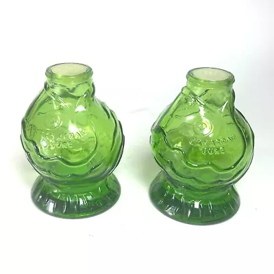 Wheaton NJ Green Glass Fish Medicine Bottle CATARRAH CURE Salt Pepper Shakers • $49.50