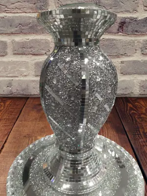£19.99 • Buy 30cm Silver Crushed Crystal Bling Mosaic Romany Mirror Decorative Flower Vase