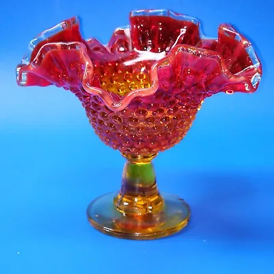 Vintage Fenton Hobnail Orange Amberina Glass Ruffled Edge Compote Candy Dish • $38.79
