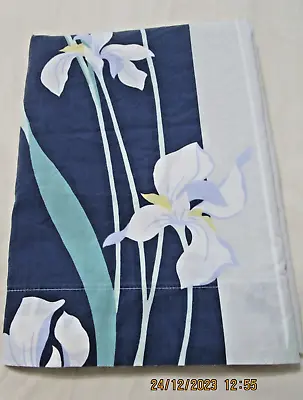 Vintage Wamsutta Ultracale Queen Flat Sheet Navy Gray Stripe White Irises • $7.99