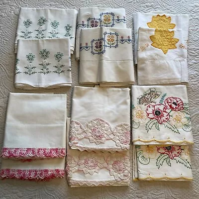 Lot Of 6 Pairs (12 Total) Vintage Embroidered Or Crocheted Edge Pillowcases • $26