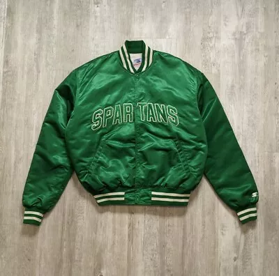 Vintage Michigan State Spartans Starter Satin Bomber Jacket Quilted Size XL USA • $189.99