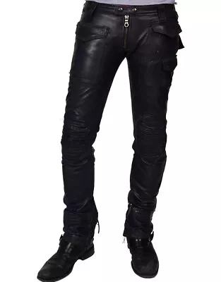 Mens Black Leather Pants Desighner Motorcycle Biker Skinny Pants • $123.49