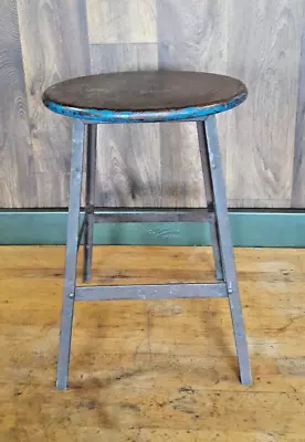 Vintage Pollard Industrial Factory Steel Stool Wood Seat • $55