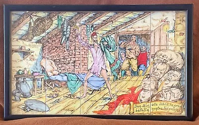  Don Quixote Vs The Wine Skins -- Vintage Framed Spanish Tile Painting 22  X 14  • $500