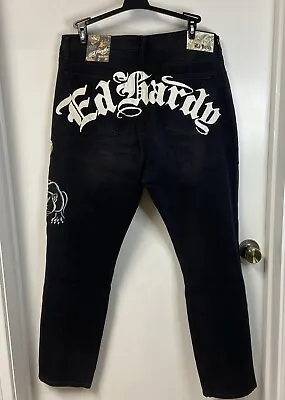 NWT Ed Hardy Jeans Denim 5 Pocket Embroidered Skull Snake Panther Men Sz 38 Blk • $75