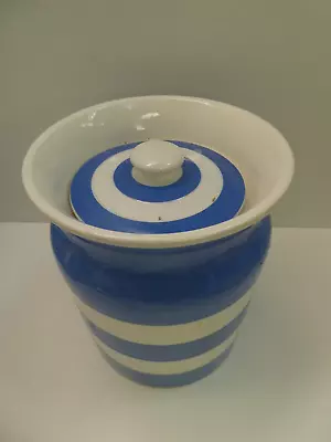 Vintage T.g. Green Cornishware Blue White Striped Pottery Lidded Pot Canister • $86