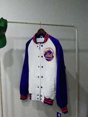 Mets Satin Jacket Starter. White And Blue • $140