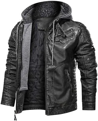 Mens Black Distressed Hoodie Motorcycle Biker Real Leather Jacket Removable Hood • $136.95