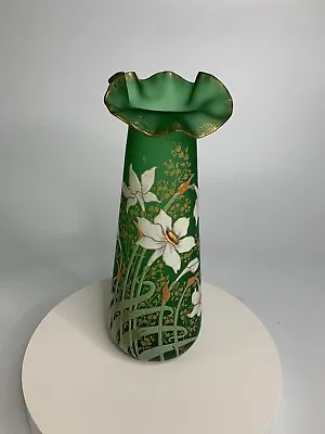 Art Nouveau Mont Joye - Legras French Enameled Satin Green Glass Vase Gold Trim • $399