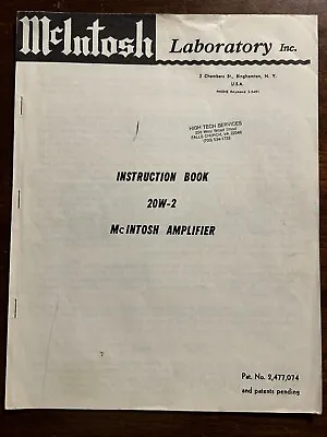 McIntosh 20W-2 Tube Amplifier Amp Instruction Book Genuine Original Rare Manual • $29.99