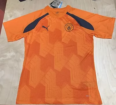 Man City Size L Mens T Shirt BNWT MCFC Pre Match Top Orange Short Sleeves RRP£55 • £3