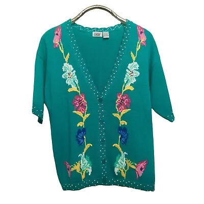 Lucia Vintage Cardigan Large Teal Green Knit Embroidered Floral Scallops Sweater • $28.88